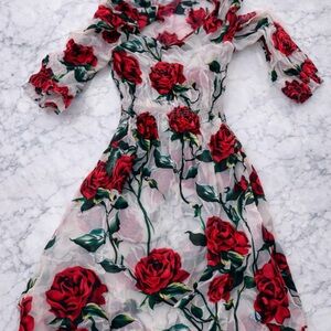 🌹 Sheer Red Rose Silk Dress | XS | Handmade